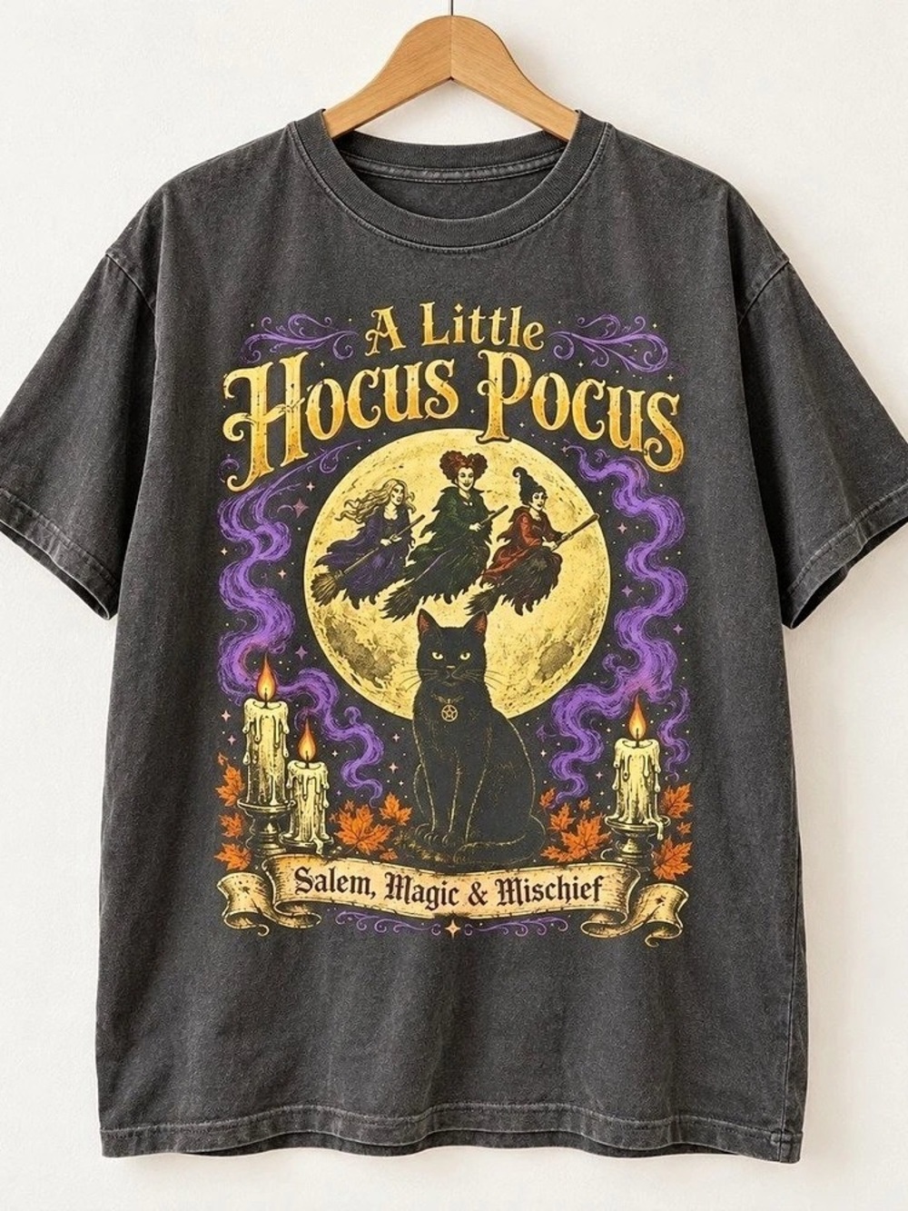 Gildan Halloween Witch Black Cat Graphic T-Shirt Charcoal For Unisex